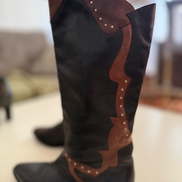 THUNDER Vintage 80s Patchwork Leather Black Brown Boots Western Cowgirl Studded - Picture 3 of 4